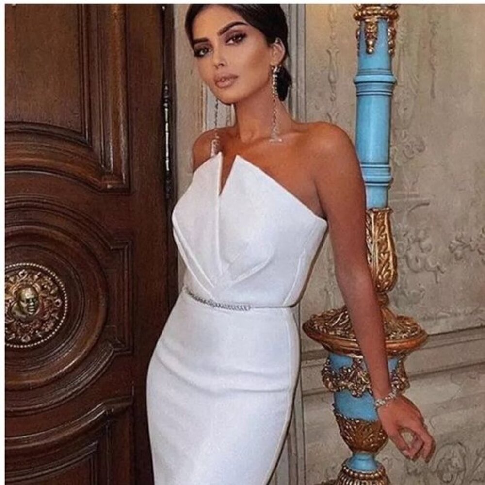 white strapless sheath dress pleated bodice M - Picture 2 of 14